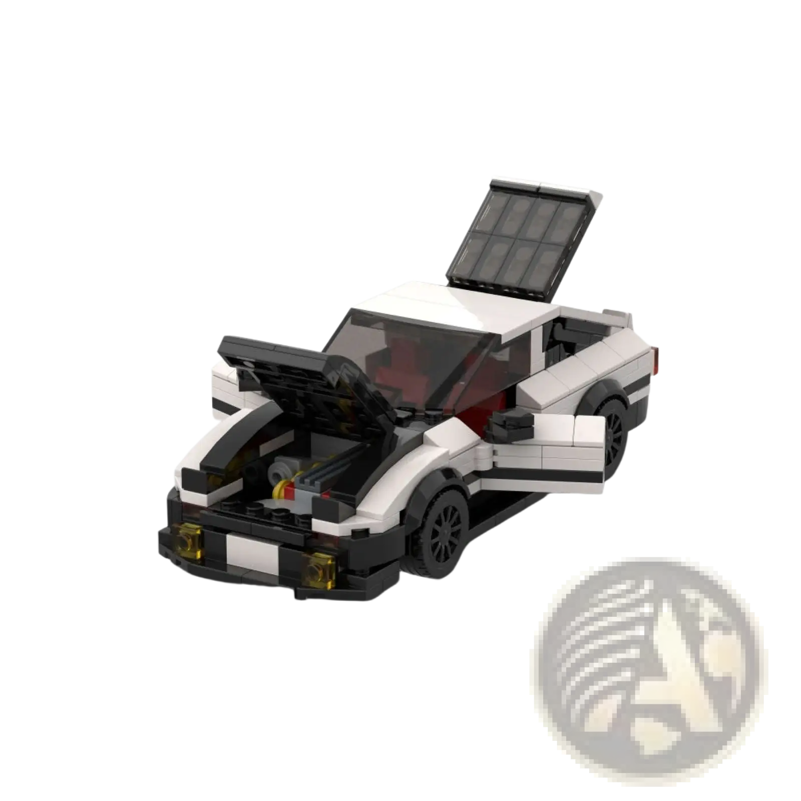 White and black lego technic toyota ae86 speed champions race car with open hood doors detailed engine bay and solar panel roof