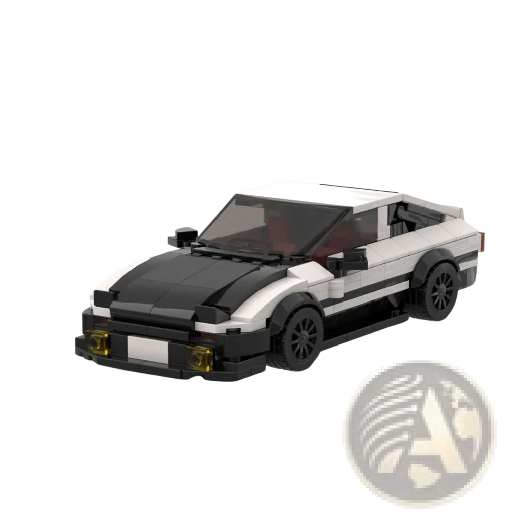 Black and white lego built Toyota Ae86 Speed Champions sports car with sleek aerodynamic design 381 pcs building blocks