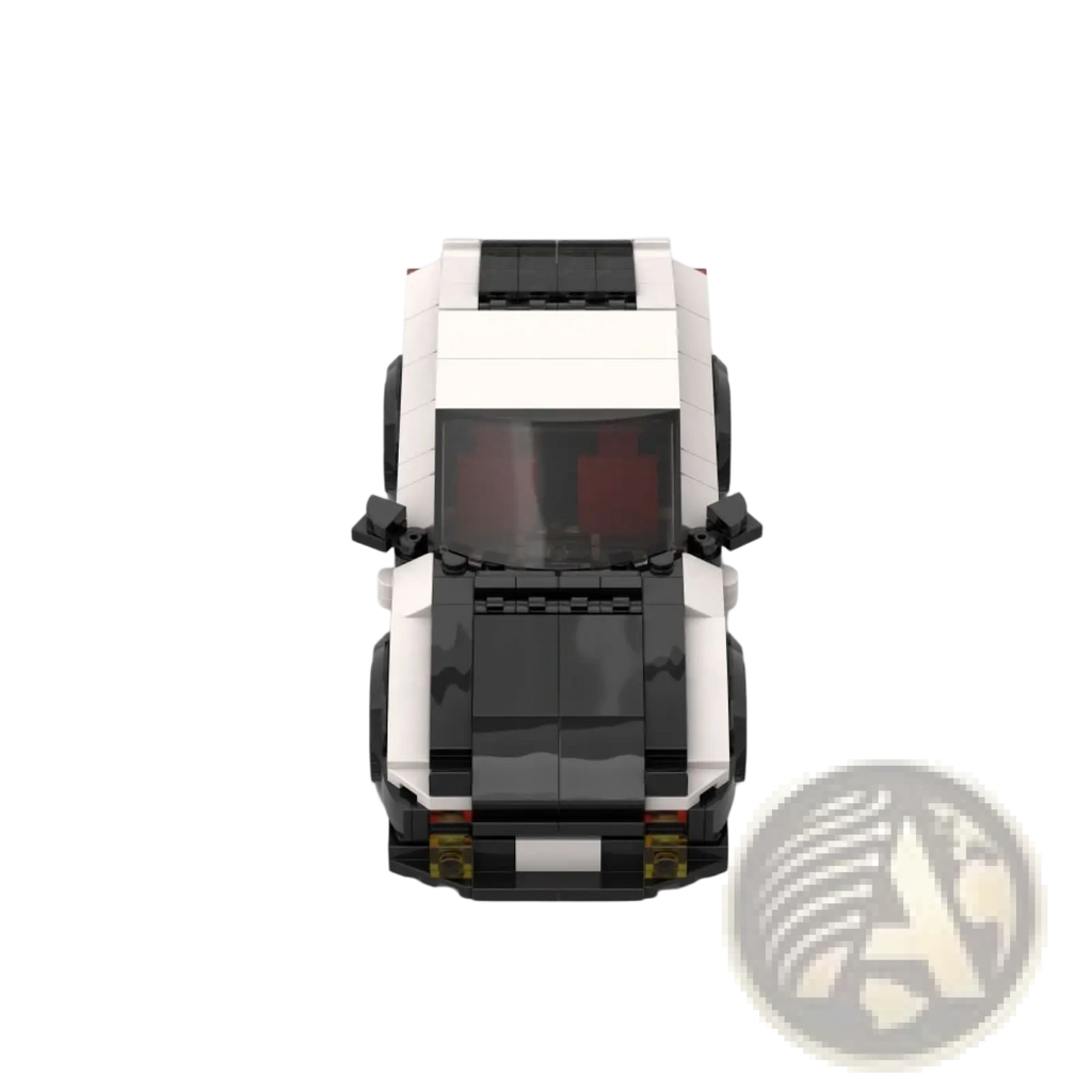 White and black lego Toyota AE86 Speed Champions race car model with red interior details made of 381 building blocks