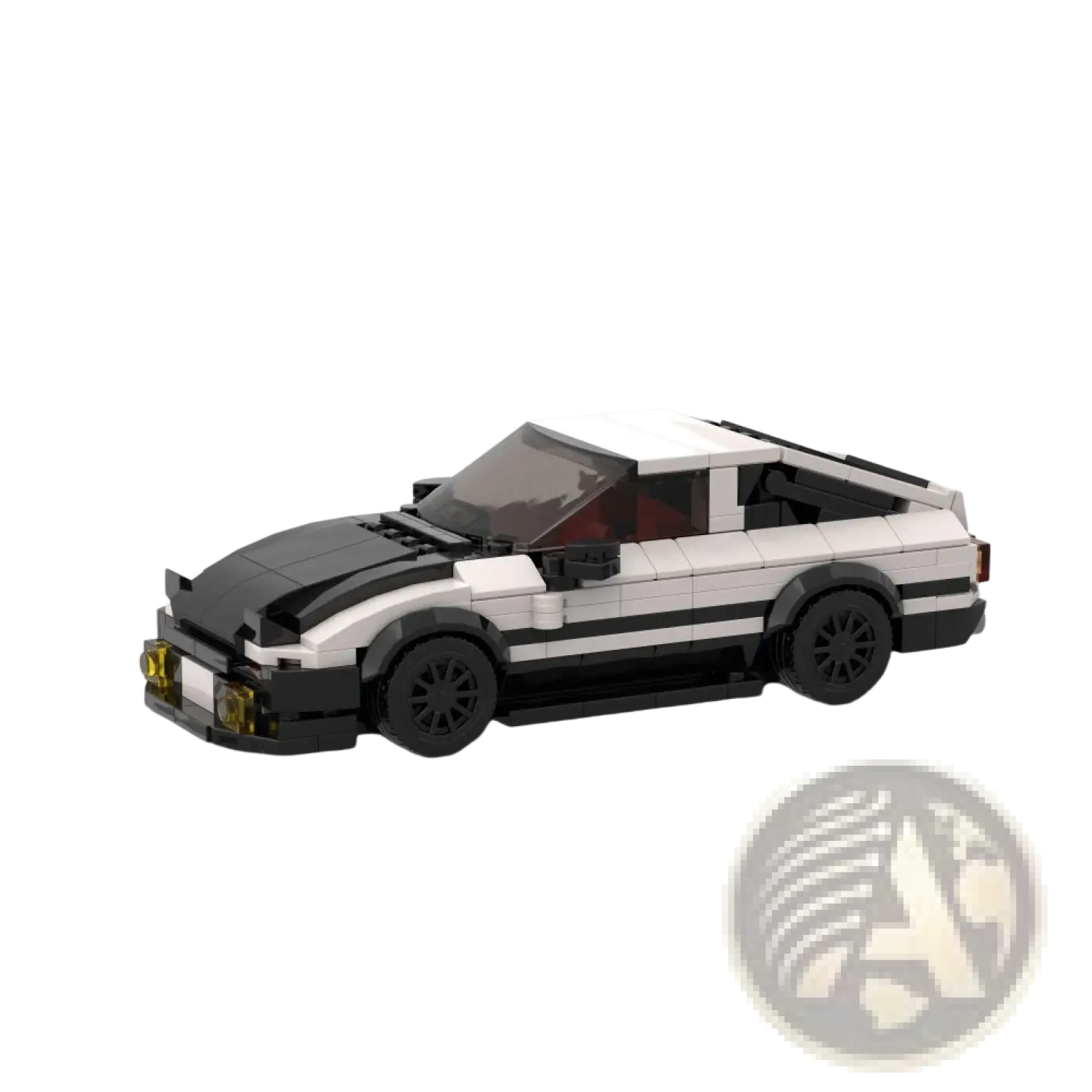 Black and white lego Toyota Ae86 Speed Champions sports car model with black wheels and yellow headlights 381pcs