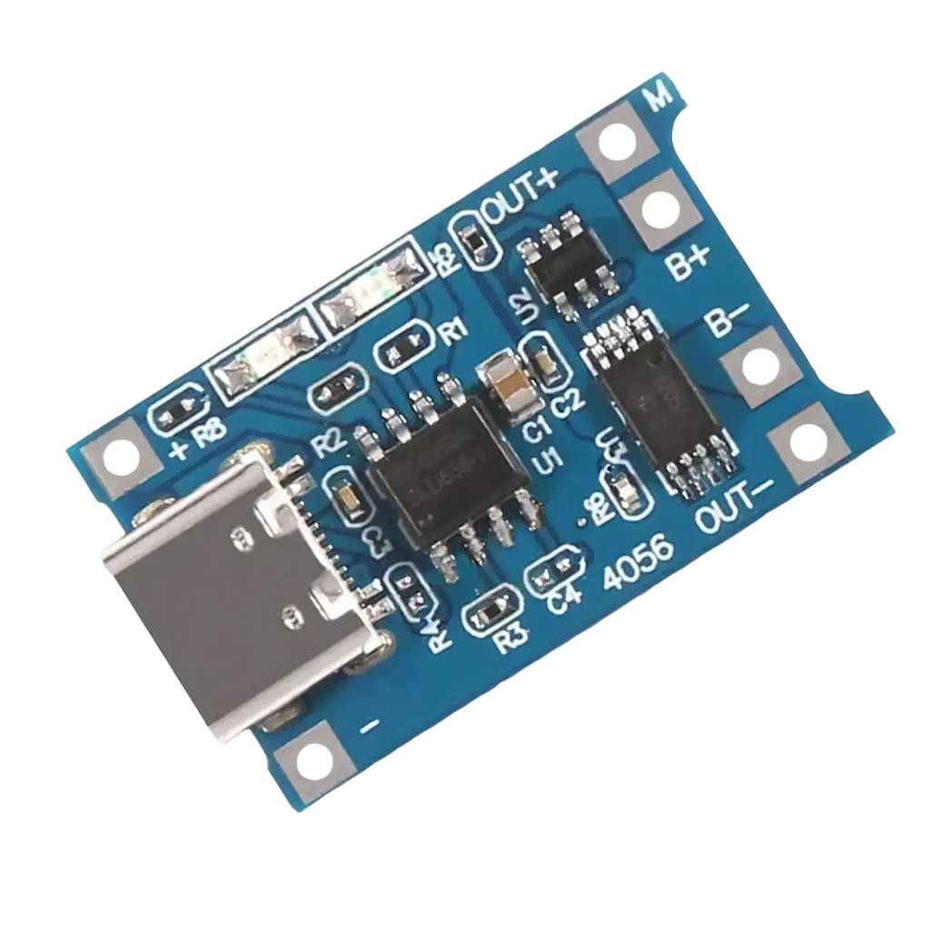 Blue tp4056 18650 lithium battery charging board with usb port and electronic components for efficient charging