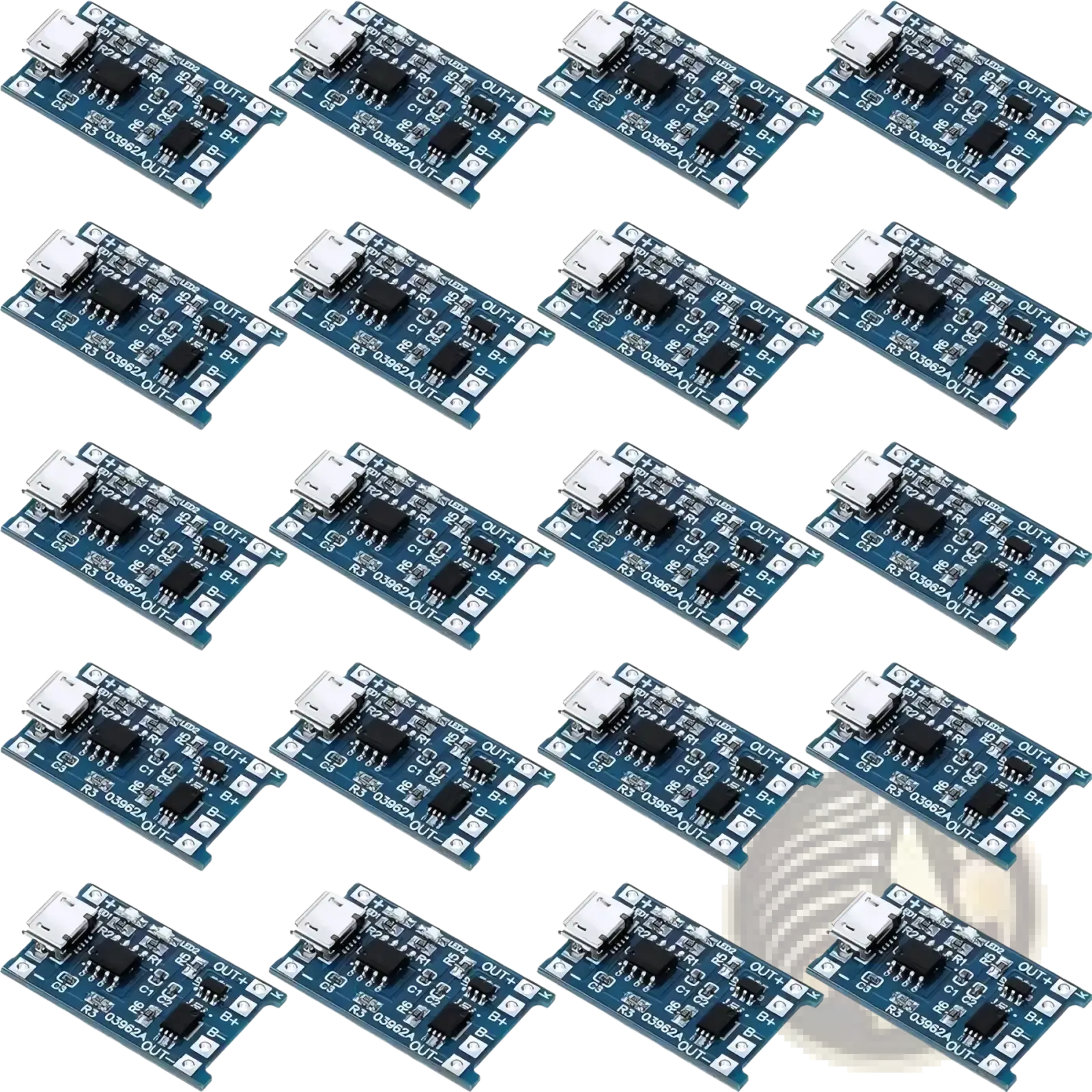 Blue tp4056 lithium battery charging boards with usb ports and electronic components for 18650 cells 10pcs set