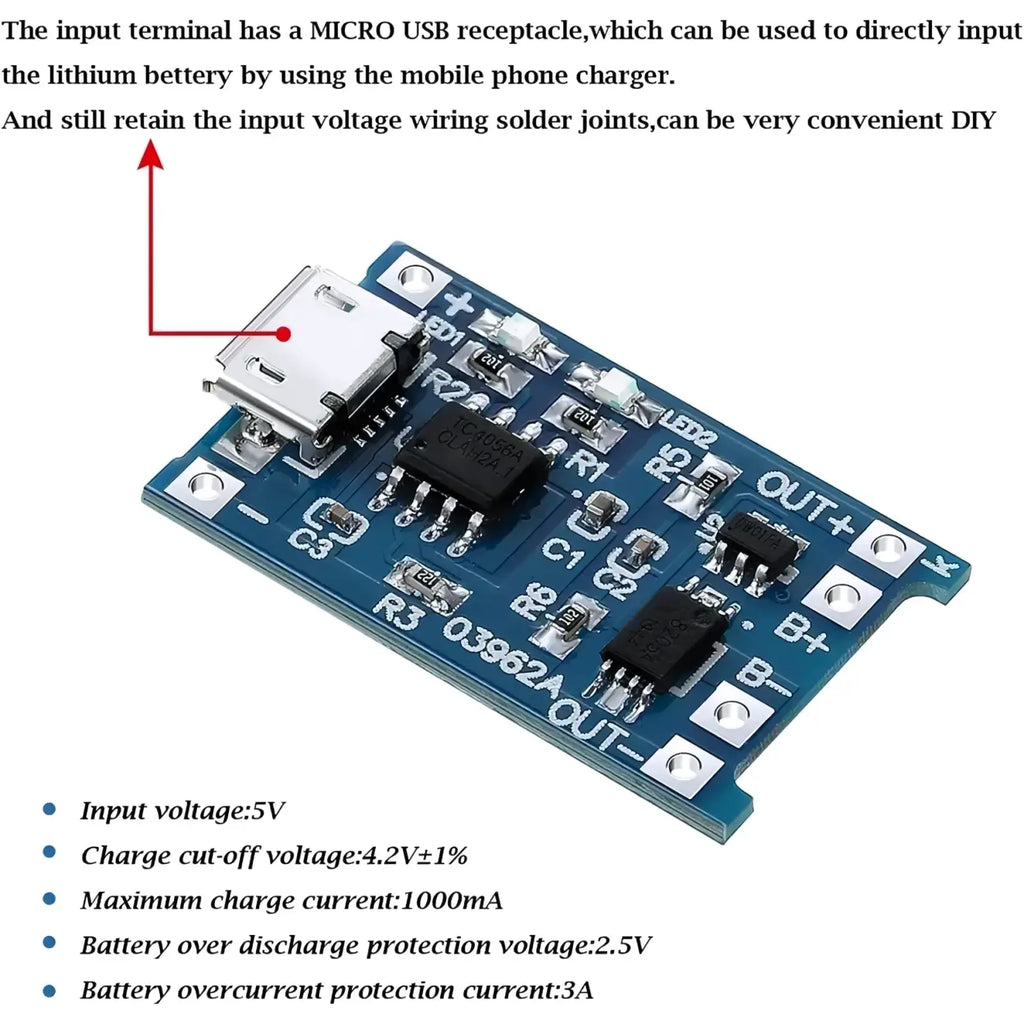 Tp4056 18650 lithium battery charging board with blue circuit board silver micro usb port and black components