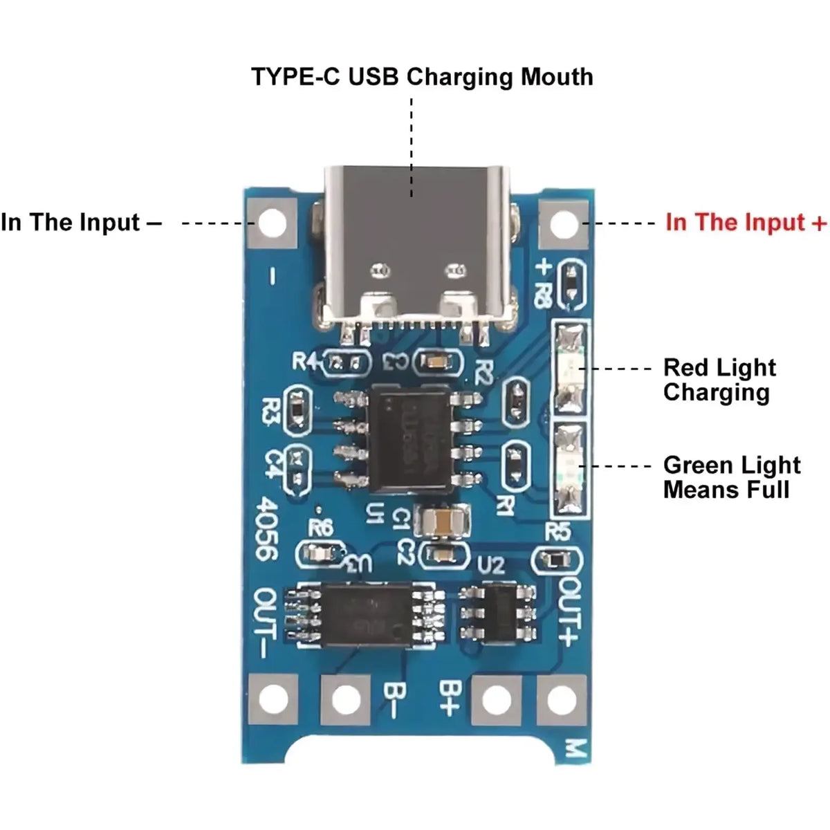 Tp4056 18650 lithium battery charging board with blue circuit board type-c usb port and charging status indicator lights