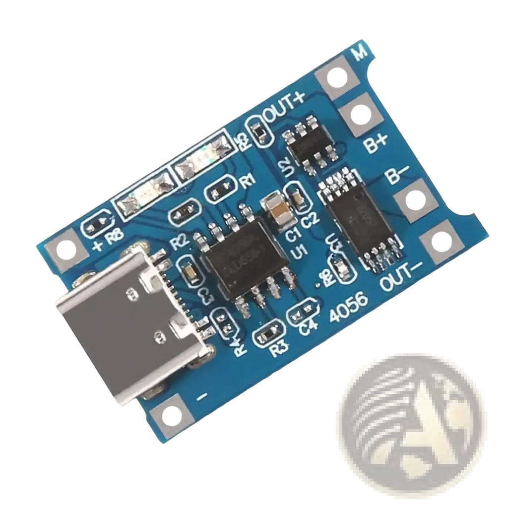 Blue tp4056 18650 lithium battery charging board with usb port and electronic components for efficient charging