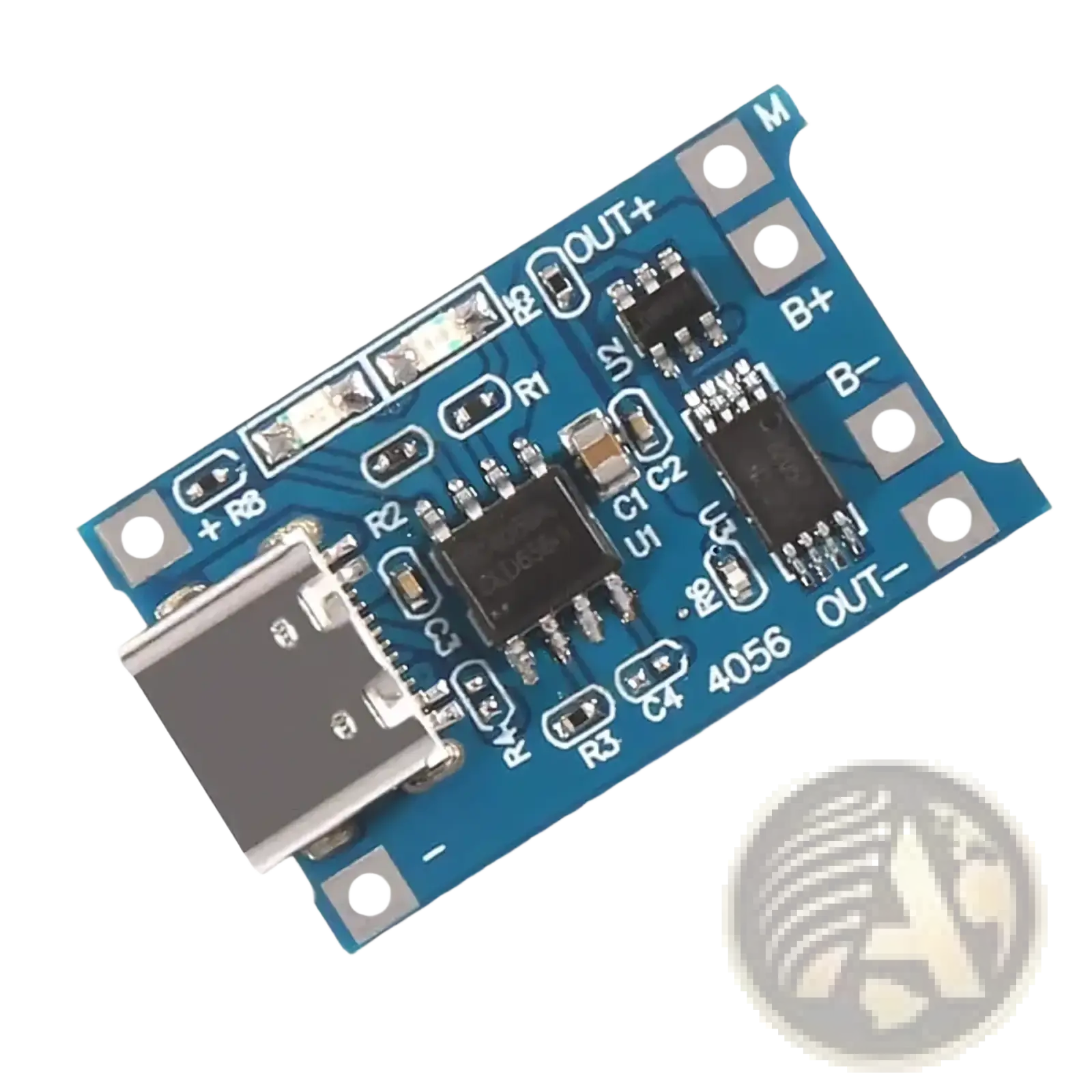 Blue tp4056 18650 lithium battery charging board with usb port and electronic components for efficient charging