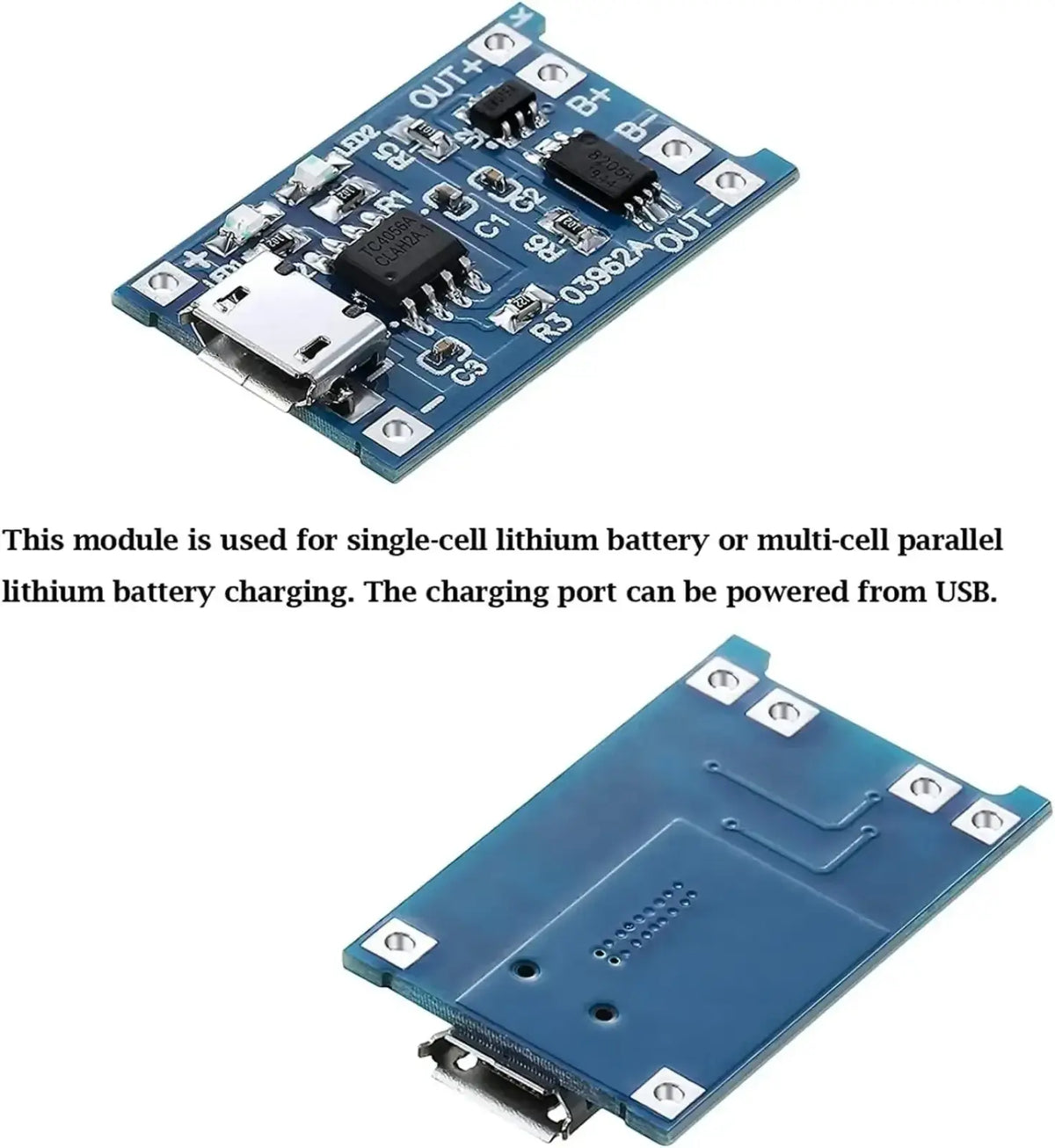 Blue printed circuit board of tp4056 18650 lithium battery charging module with usb and electronic components
