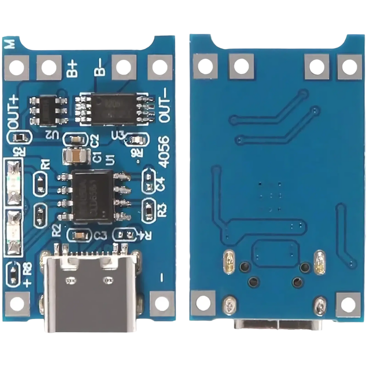 Blue tp4056 usb charging circuit board with type-c port and labeled components for 18650 lithium batteries