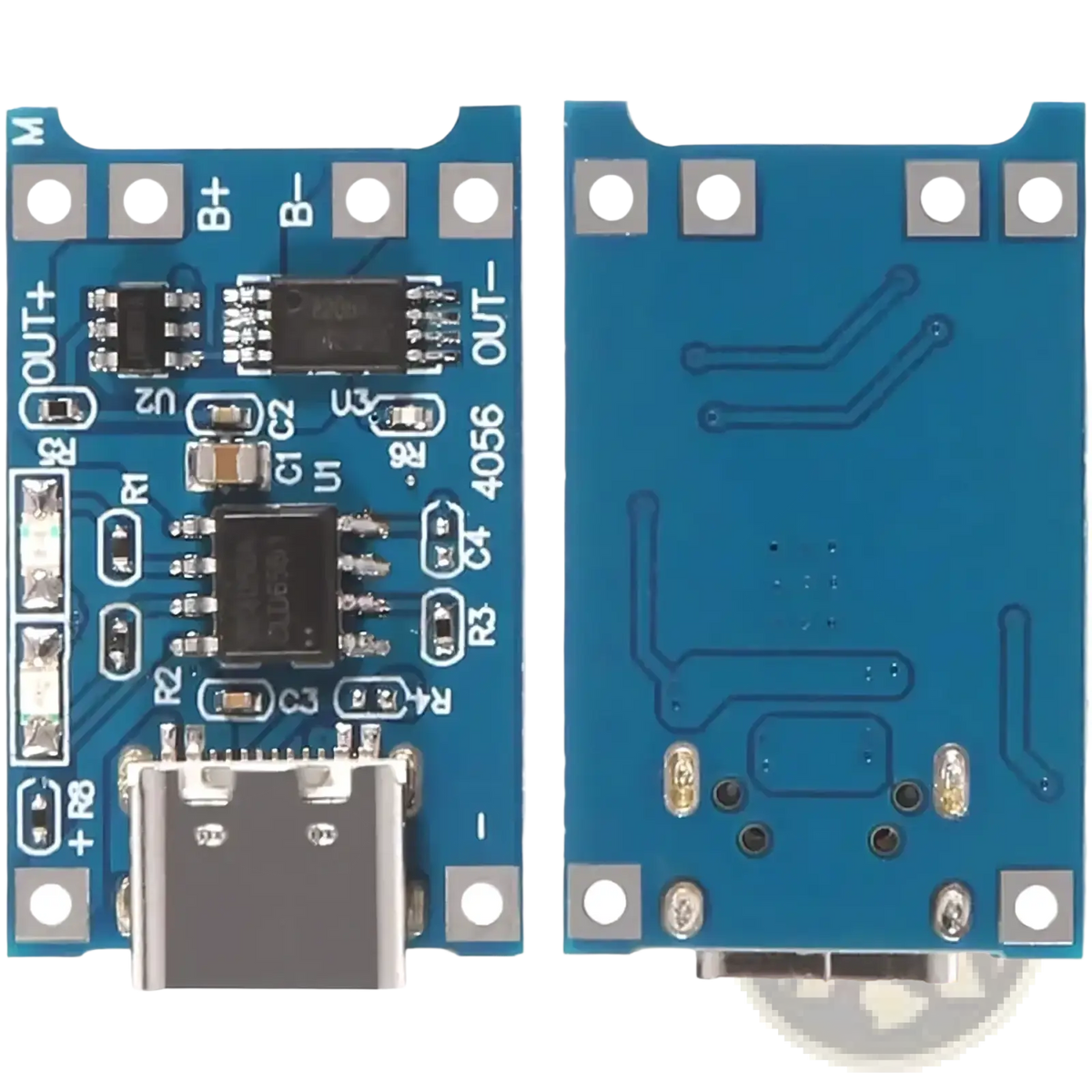 Tp4056 18650 lithium battery charging board blue usb circuit board with silver usb port and labeled components