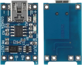 Blue tp4056 usb lithium battery charging board with silver connector and labeled components for 18650 cells