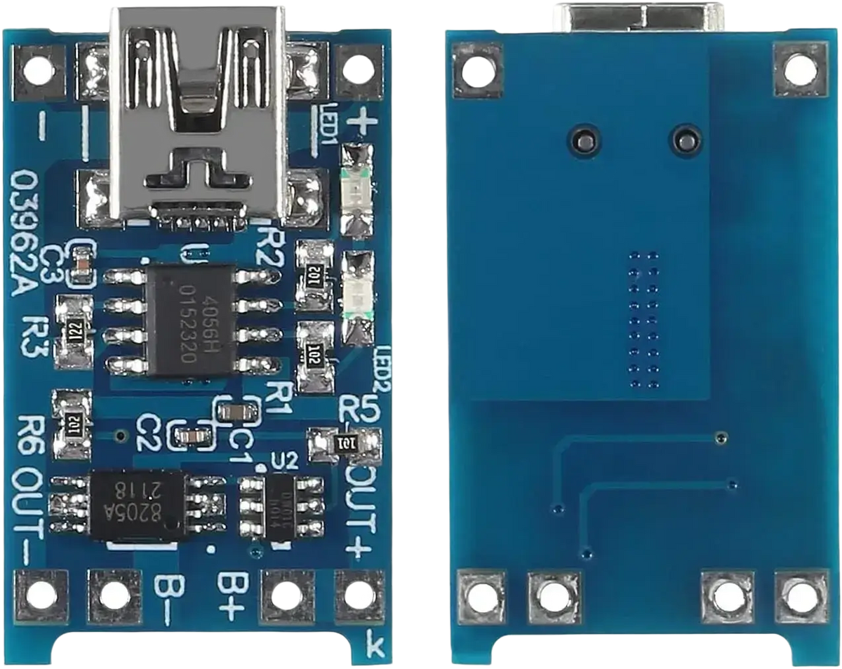 Blue tp4056 usb lithium battery charging board with silver connector and labeled components for 18650 cells