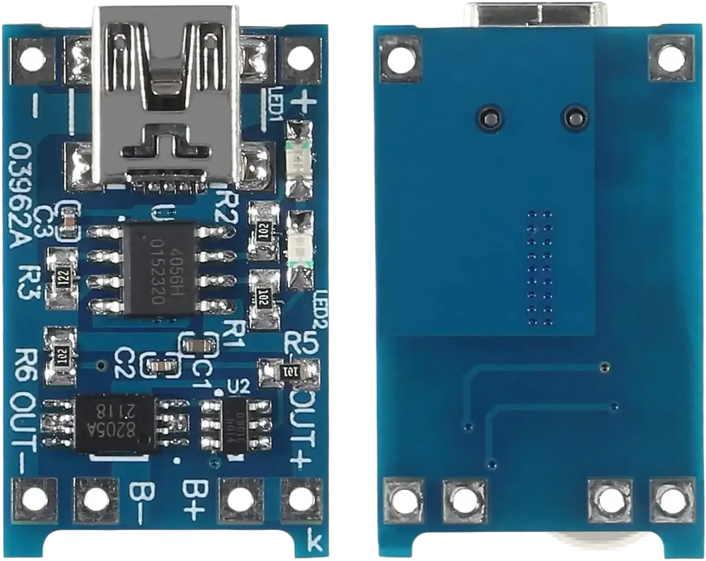 Blue tp4056 usb lithium battery charging board with silver connector and labeled components for 18650 cells