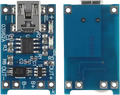 Blue tp4056 usb lithium battery charging board with silver connector and labeled components for 18650 cells