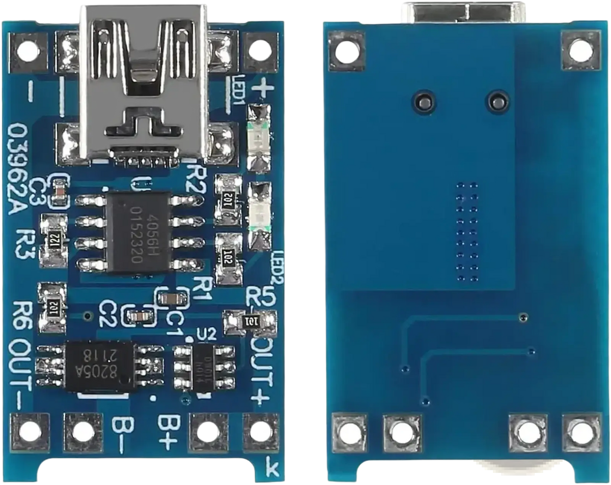 Blue tp4056 usb lithium battery charging board with silver connector and labeled components for 18650 cells