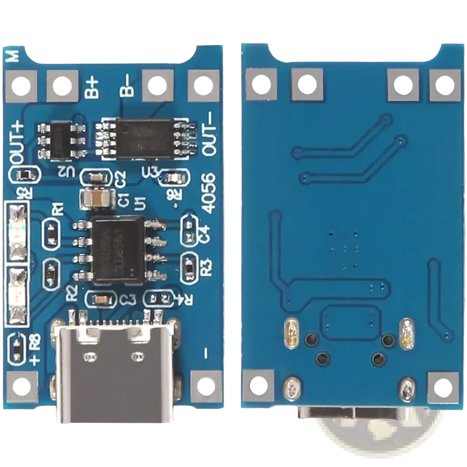Blue tp4056 usb charging circuit board with type-c port and labeled components for 18650 lithium batteries