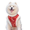 A fluffy white samoyed dog wearing red traditional chinese pattern pet clothing with gold circular designs for large dogs