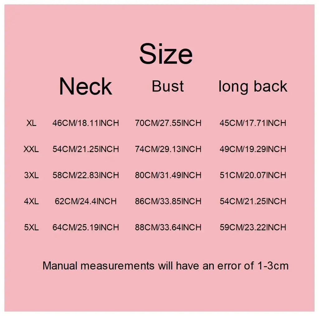 Pink size chart for traditional chinese pattern pet clothing for large dogs showing neck bust and long back measurements in cm and inches