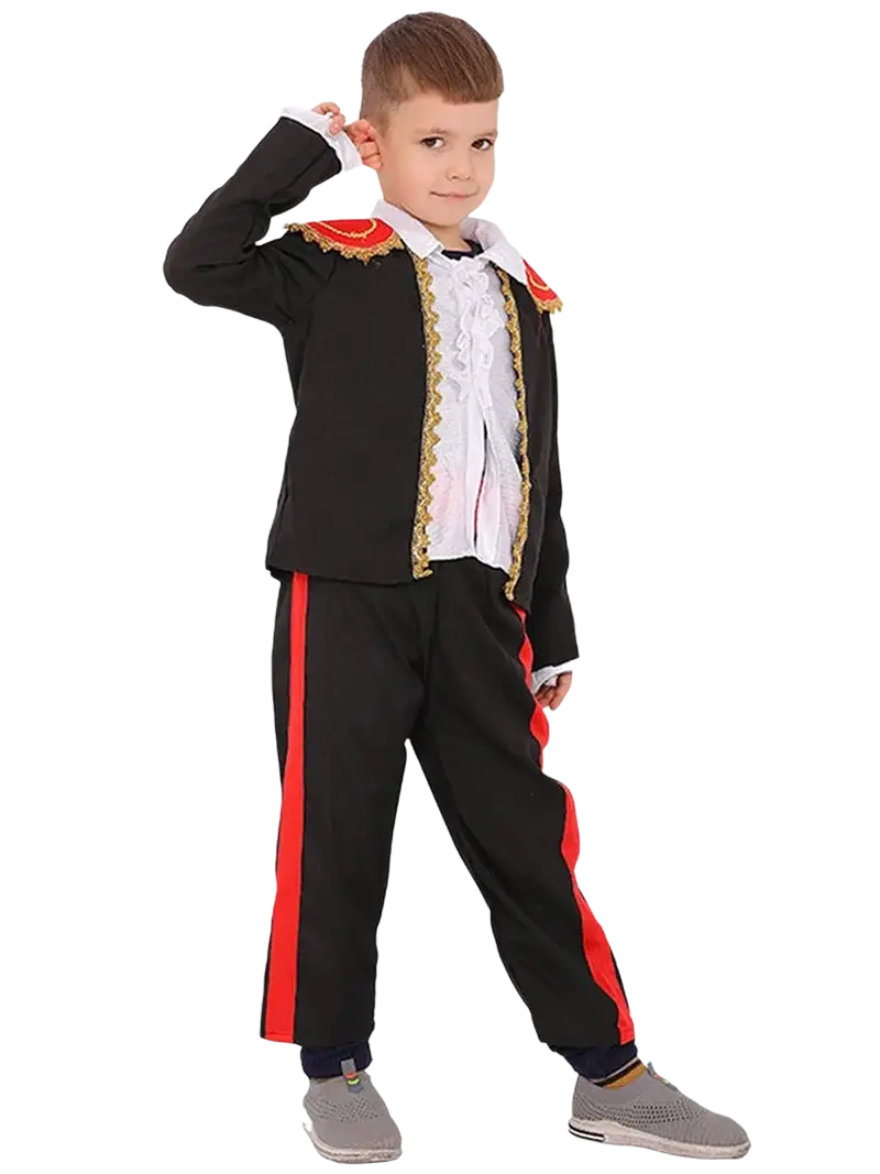 Black children’s flamenco costume jacket with gold embroidery and red shoulder accents for traditional dancewear