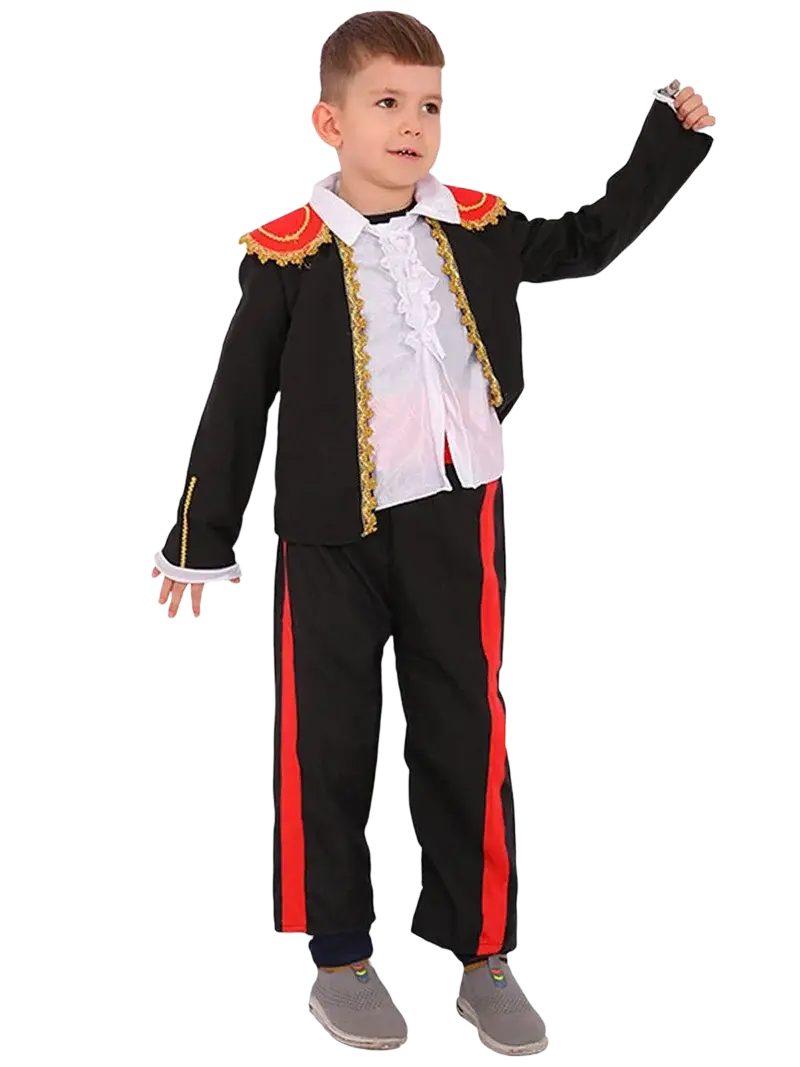 Traditional spanish flamenco costume set for children featuring a black jacket with red and gold trim and white ruffled shirt