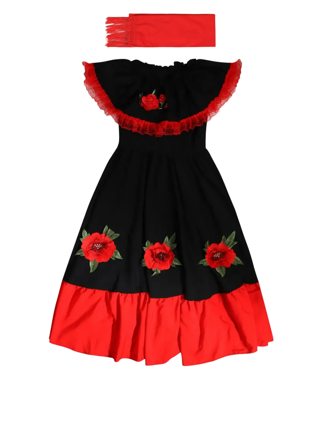 Traditional Spanish flamenco costume set children with black and red embroidered floral dress featuring ruffled neckline hem and sleeves