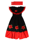 Traditional Spanish flamenco costume set children with black and red embroidered floral dress featuring ruffled neckline hem and sleeves