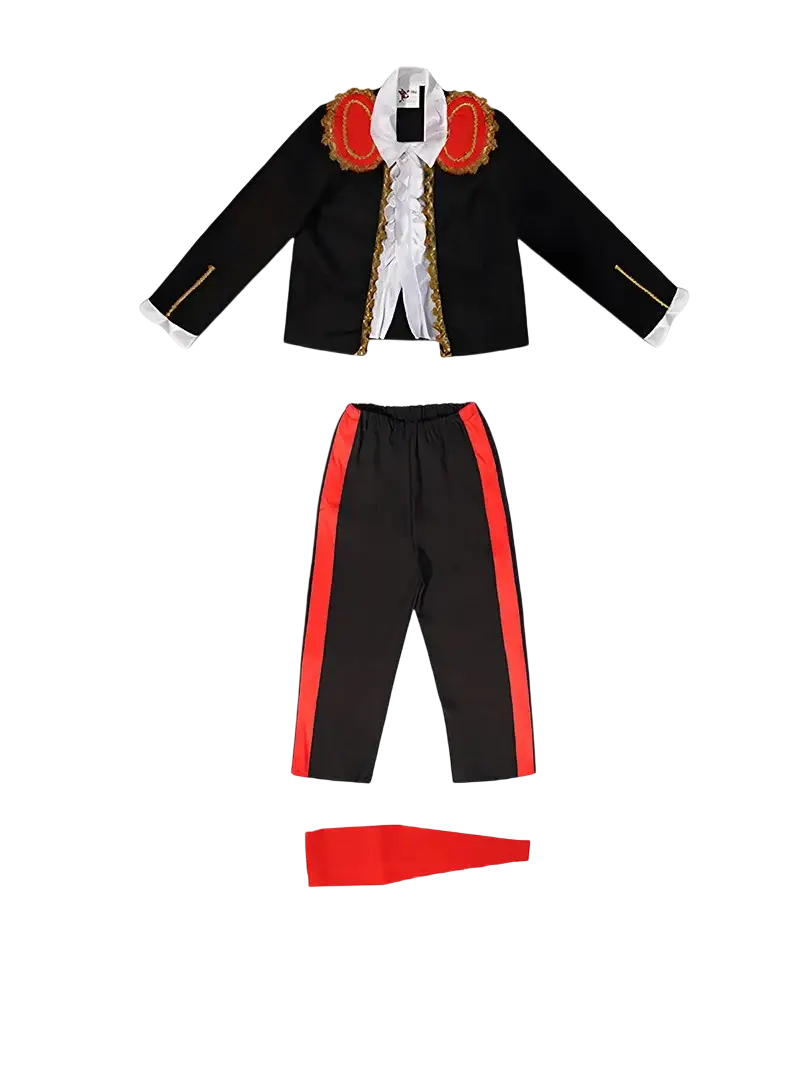 Traditional Spanish flamenco costume set for children black and red with gold trim ornate shoulder epaulets and side stripes