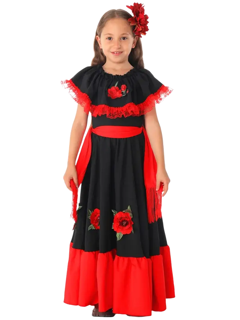 Traditional spanish flamenco costume set children black and red dress with embroidered roses lace trim and fringed sash