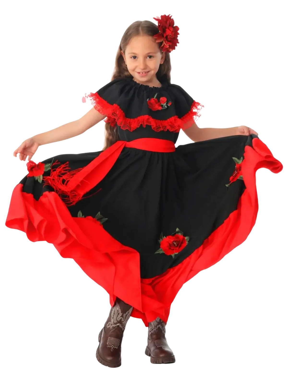 Traditional Spanish flamenco costume set for children with black and red embroidered rose dress and floral hair accessory