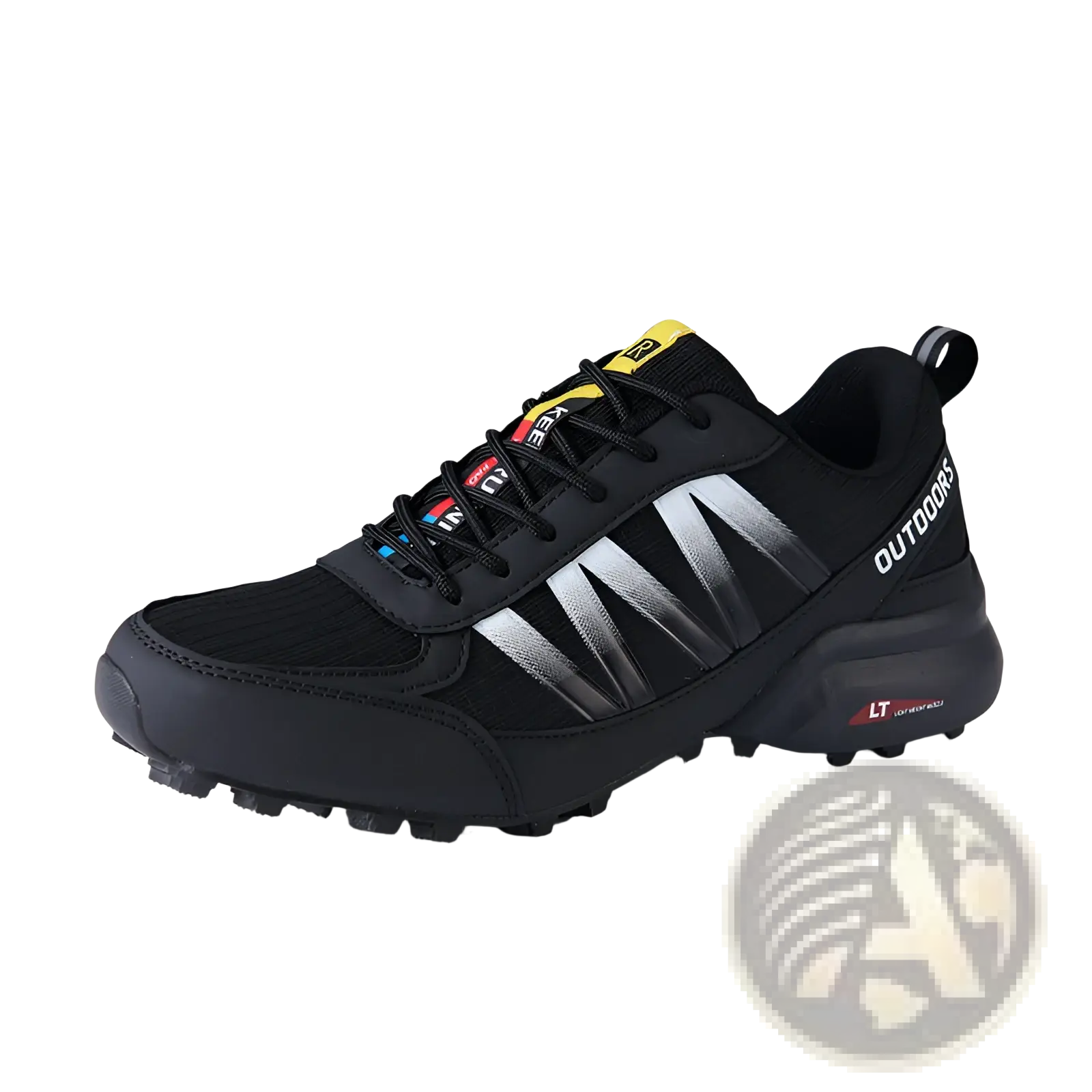 Black trail running shoes with breathable mesh, silver gradient stripes, yellow laces, and textured rubber sole for outdoor use