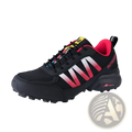 Black and red trail running shoe with breathable textured mesh upper, bold gradient stripes, and rugged outsole for outdoors