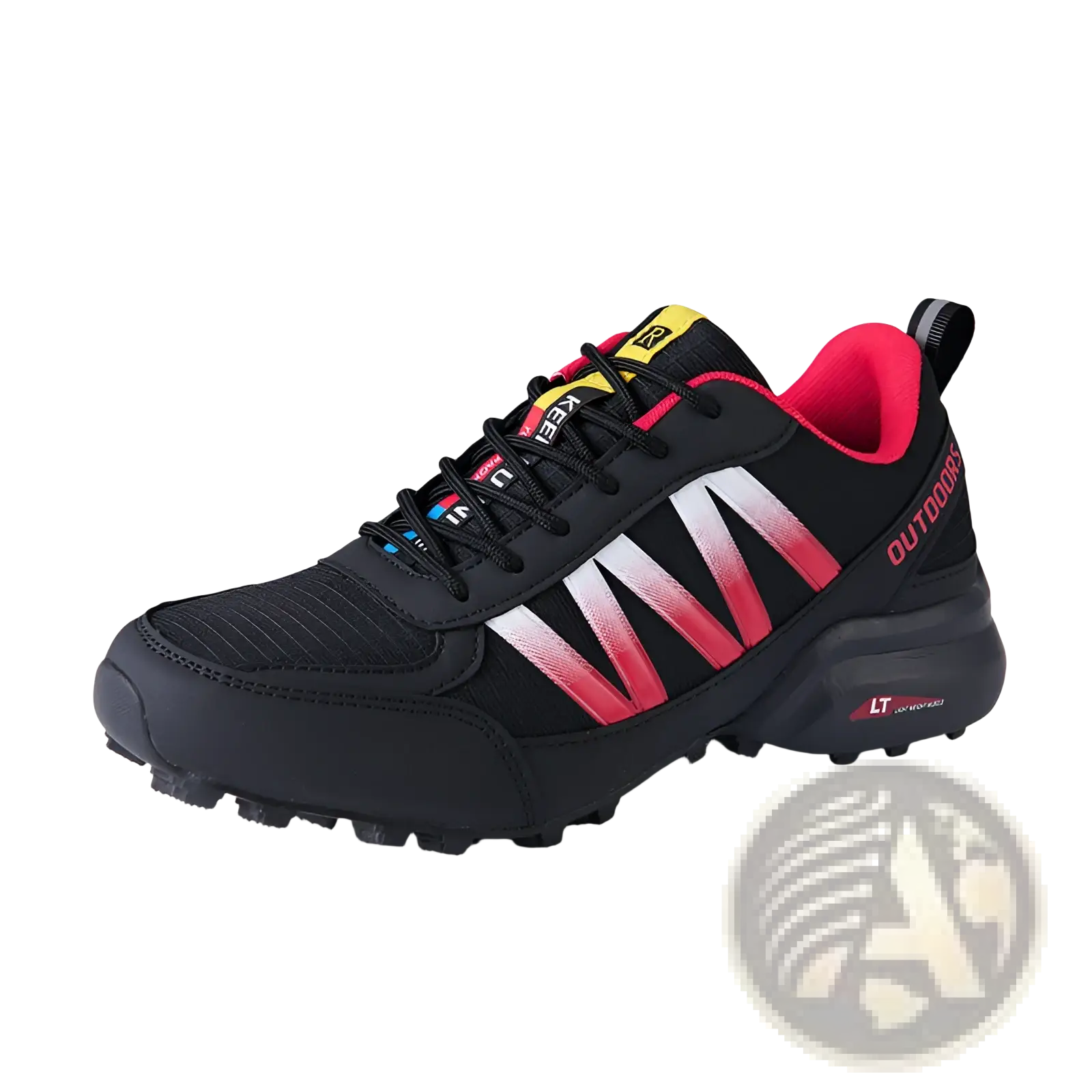 Black and red trail running shoe with breathable textured mesh upper, bold gradient stripes, and rugged outsole for outdoors