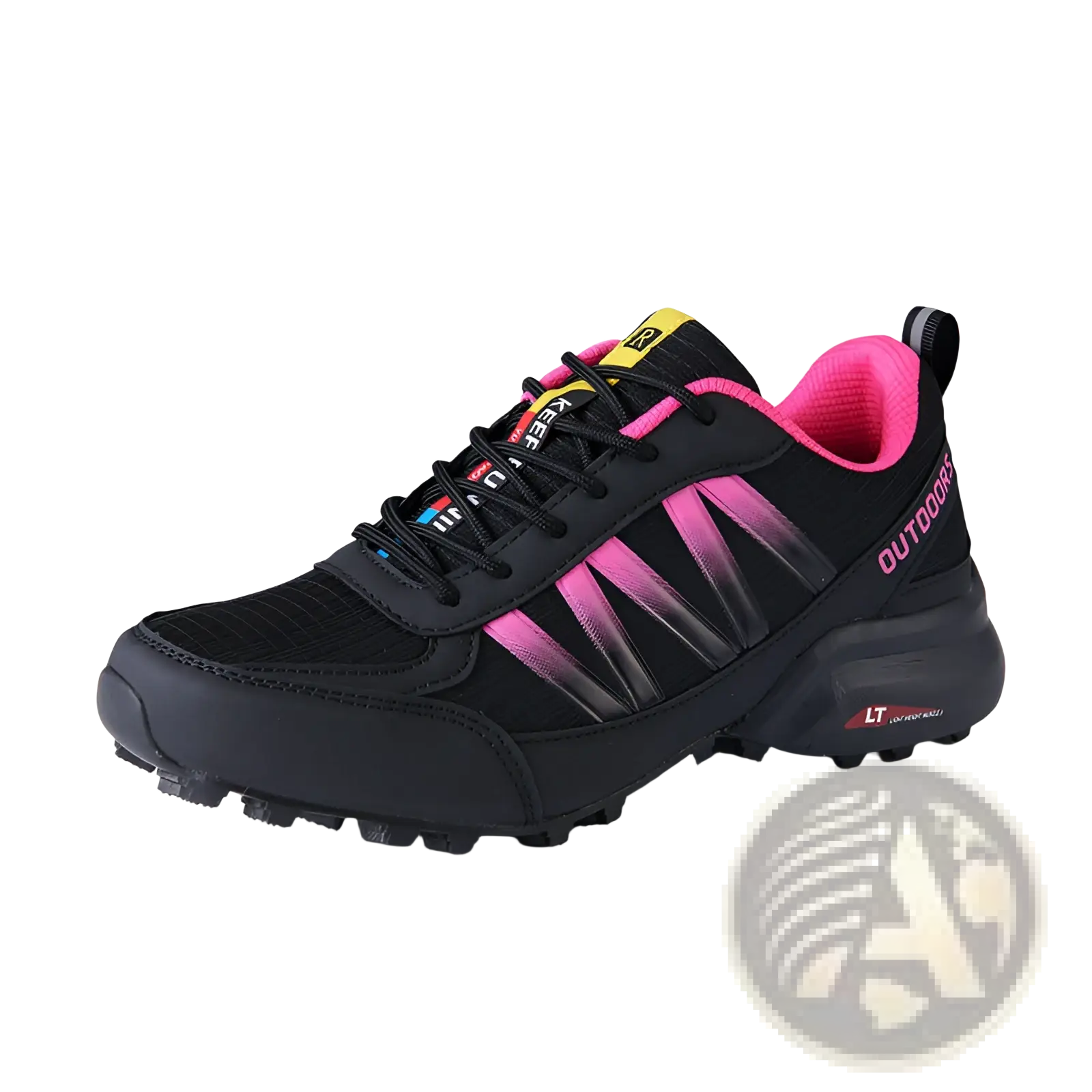 Black and pink trail running shoe with breathable mesh upper, rubber outsole, and yellow branding on the tongue