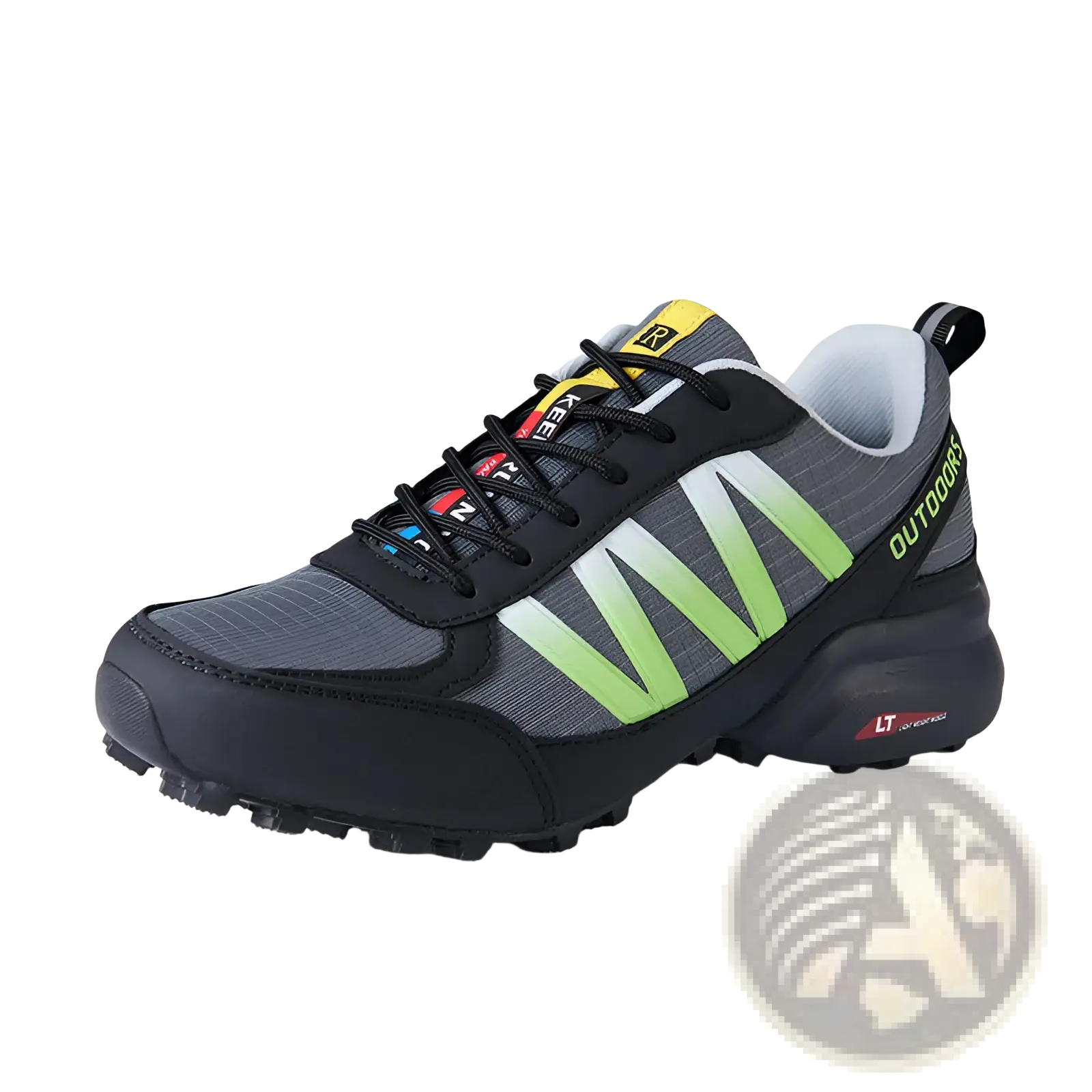 Black and gray trail running shoe with neon green accents breathable mesh upper and rugged outsole for outdoor use