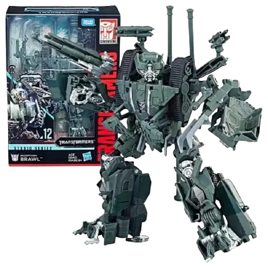 Dark green and black armored transformers studio series decepticon action figure with multiple mounted weapons