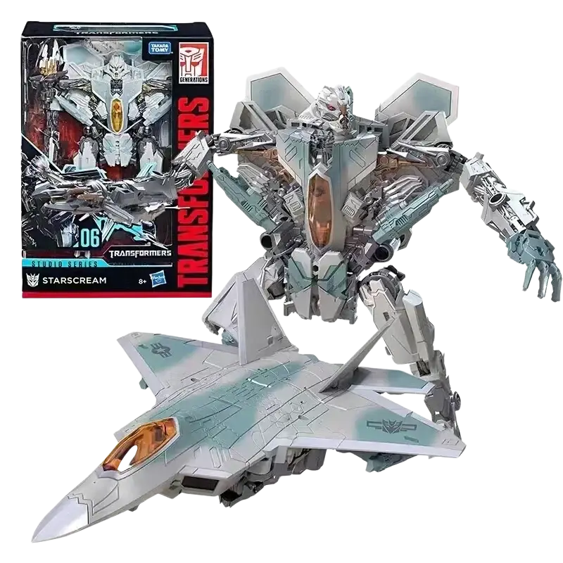 Silver and teal metallic starscream robot toy from transformers studio series finished goods collection