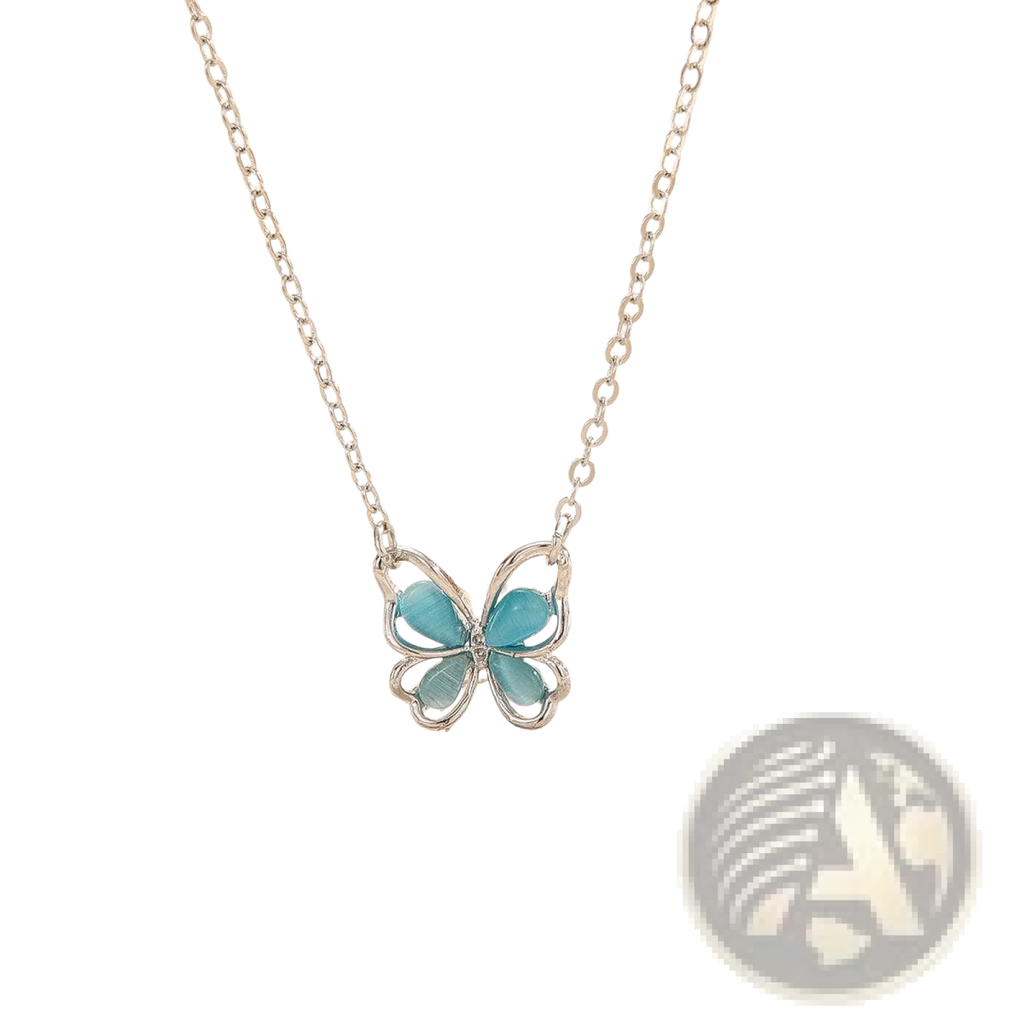 A delicate silver butterfly pendant necklace with translucent turquoise gemstone wings in a translucent butterfly design