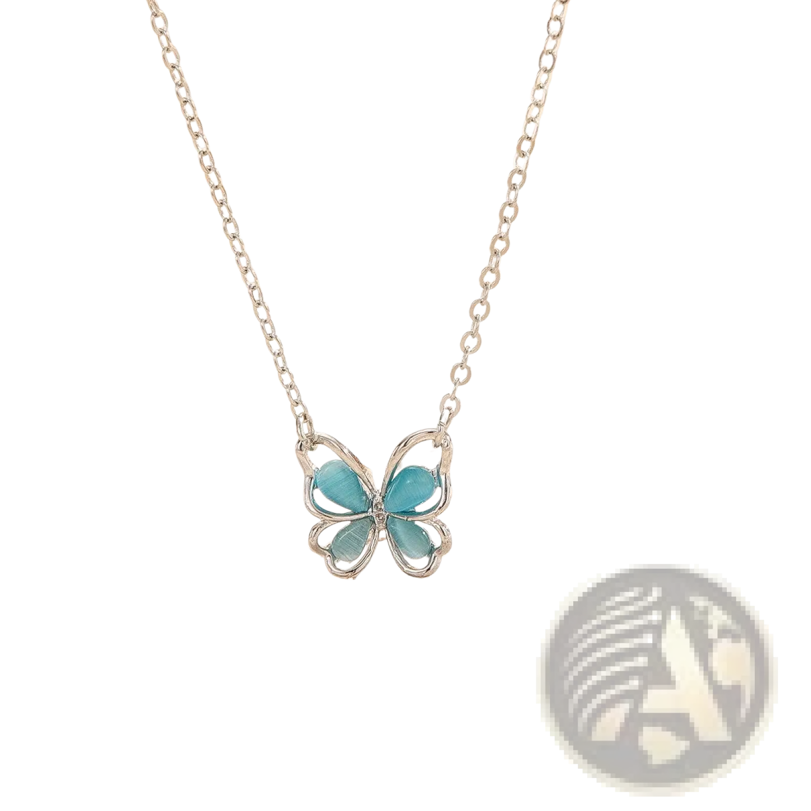 A delicate silver butterfly pendant necklace with translucent turquoise gemstone wings in a translucent butterfly design