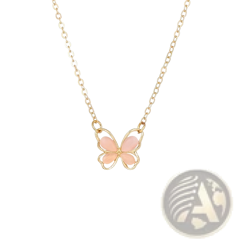 A delicate gold-toned necklace with a translucent butterfly pendant featuring soft pink enamel wings