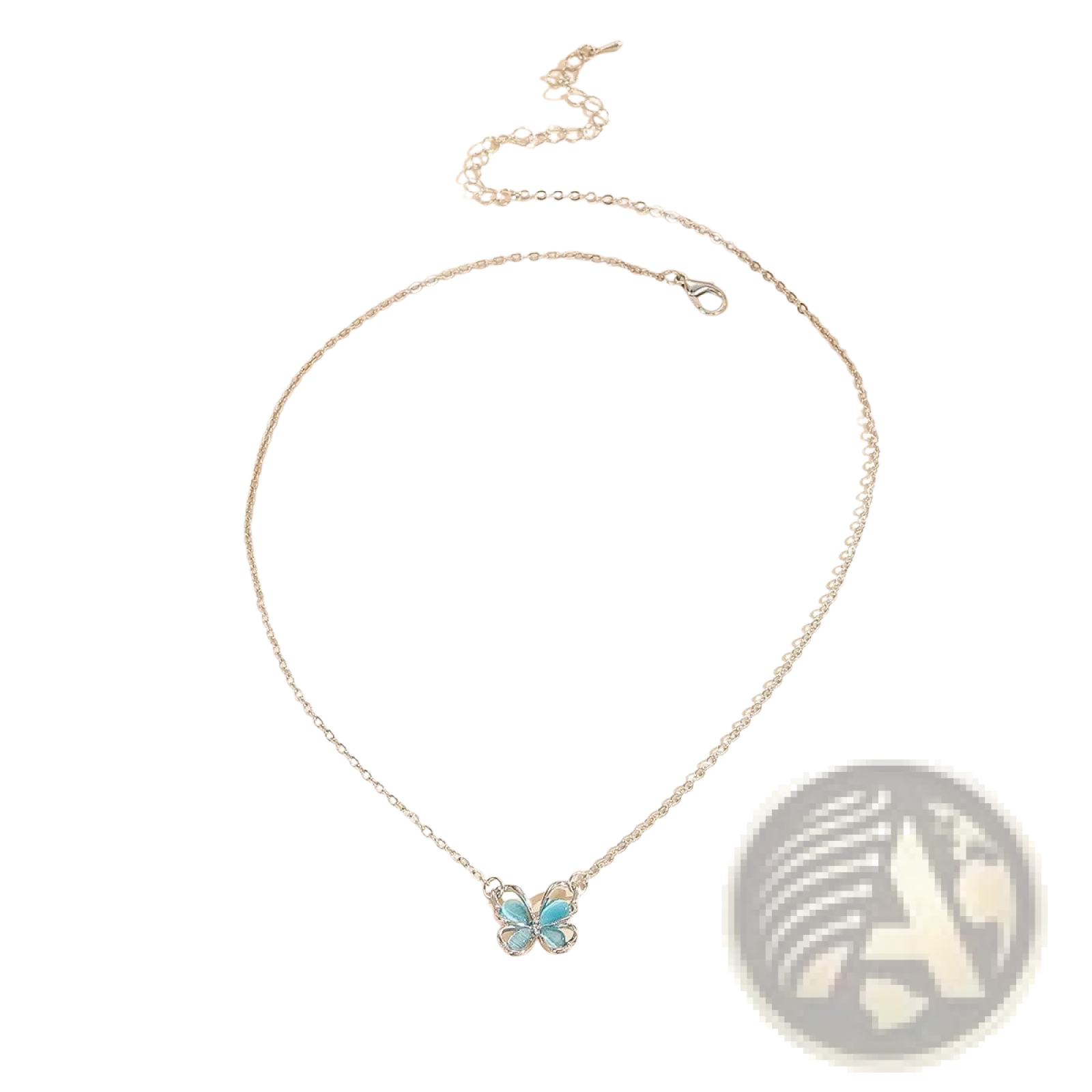 A delicate silver chain necklace with a light blue translucent butterfly gemstone pendant with intricate detailing