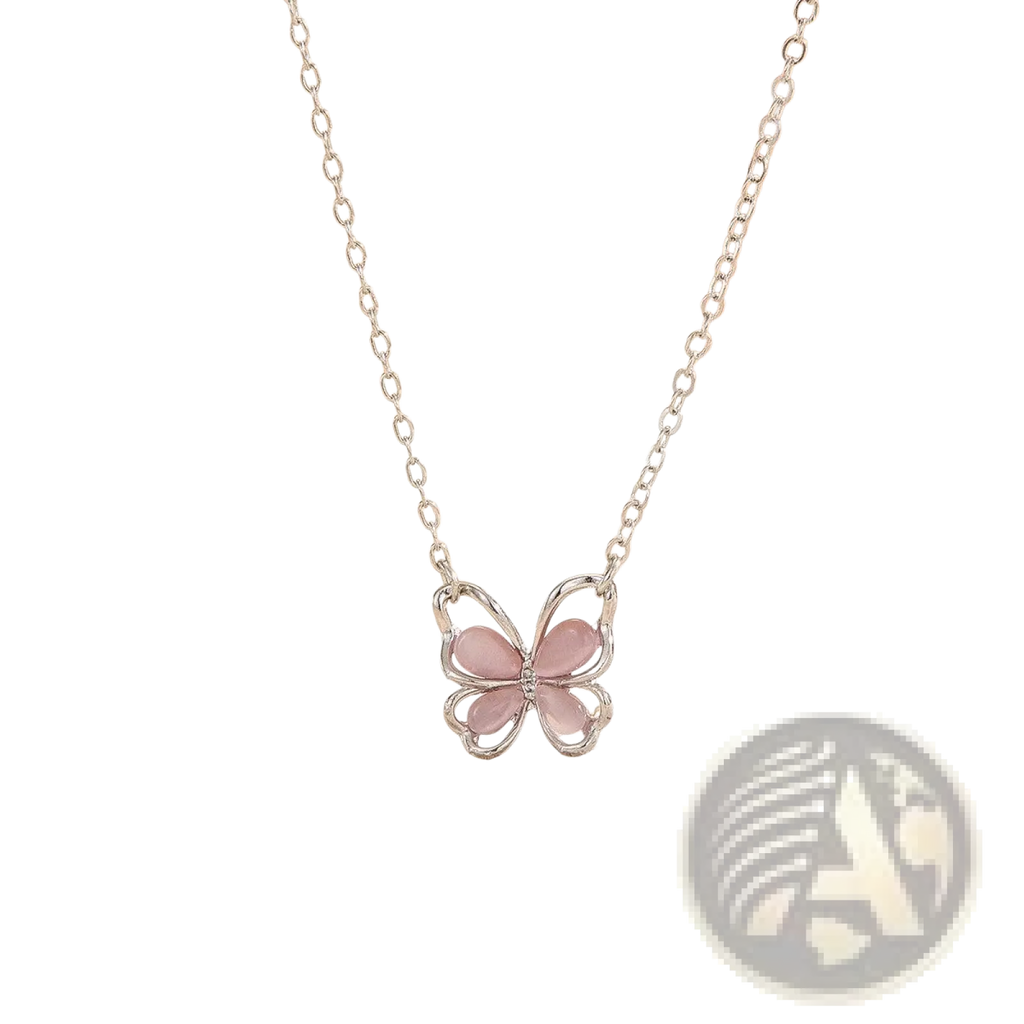 A delicate silver butterfly pendant necklace with translucent pink gemstone wings and a fine silver chain