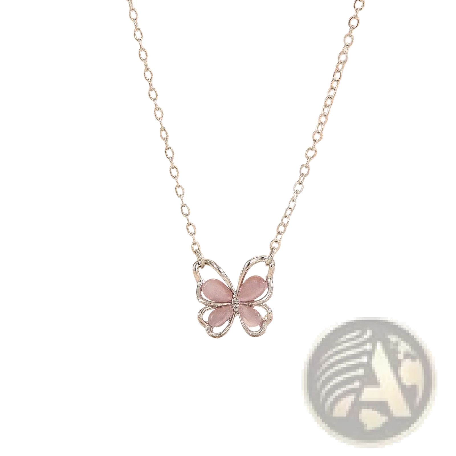 A delicate silver butterfly pendant necklace with translucent pink gemstone wings and a fine silver chain