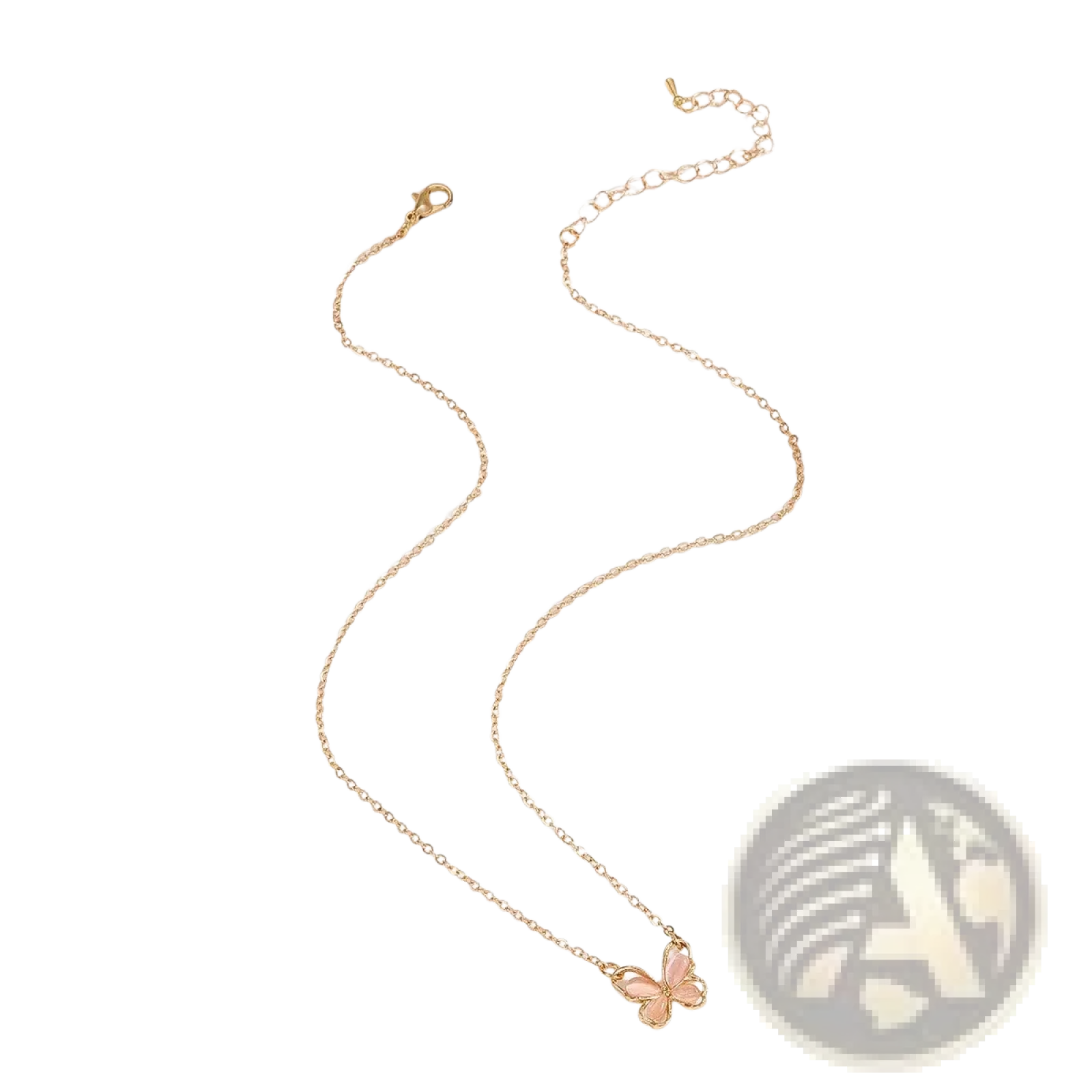 A gold-toned chain necklace featuring a small pink enamel butterfly pendant translucent butterfly gemstone pendant necklace