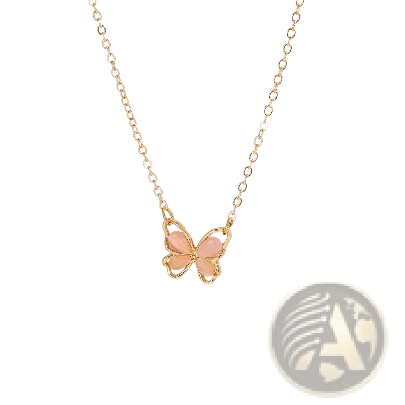 A delicate gold-toned butterfly necklace with translucent pink gemstone wings in a pendant design