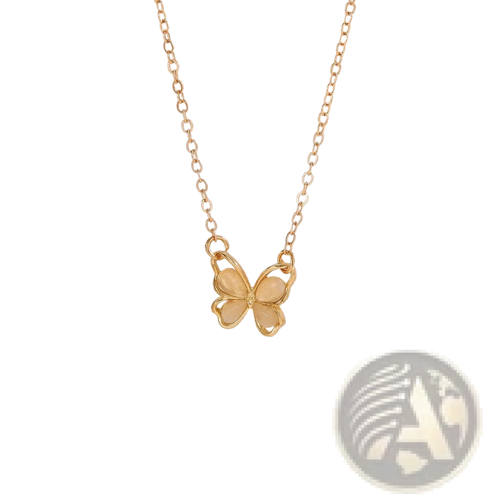 Gold butterfly pendant necklace with translucent peach gemstone wings and a delicate gold chain for elegant wear