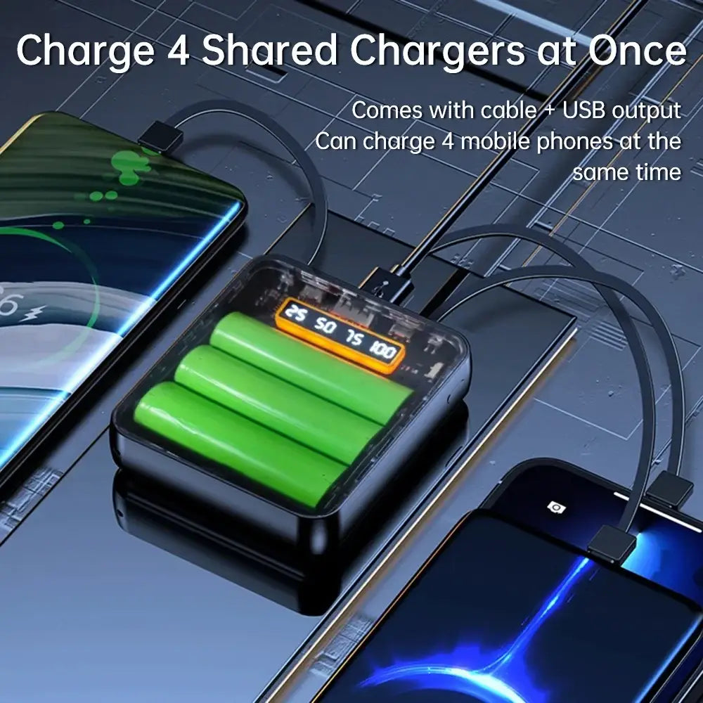 Transparent black 18650 battery power bank diy case with circuit board and orange digital display for mobile phones charging