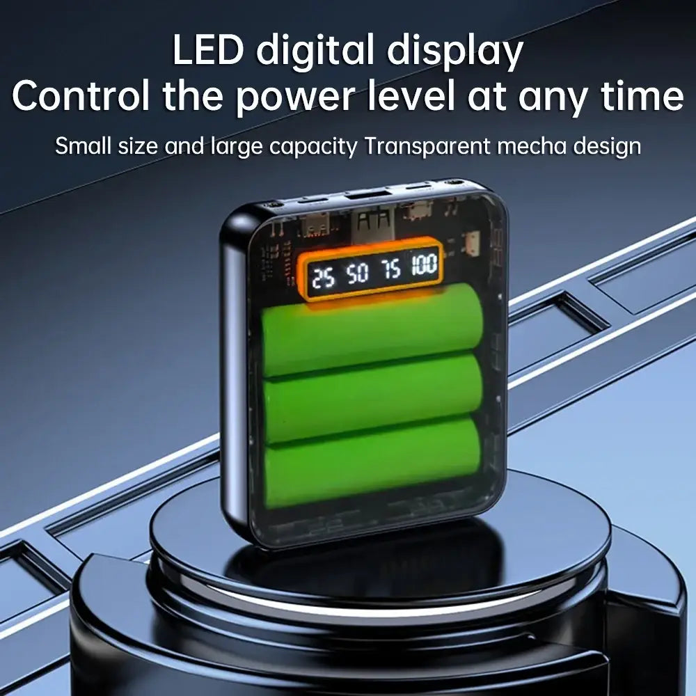 Transparent black 18650 battery power bank diy case with visible circuit board and led display for mobile phones flat head use