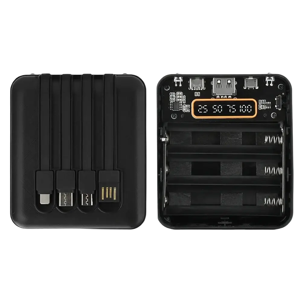 Black rectangular transparent 18650 battery power bank diy case with digital display and integrated usb cables for mobile phones circuit board flat head