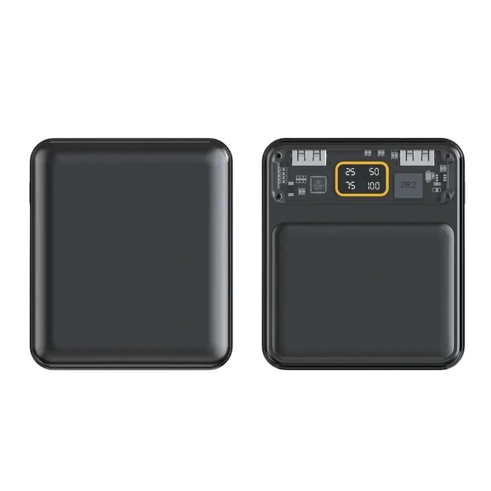 Black portable power bank with digital battery display and usb ports on the back for mobile phones in transparent diy case with circuit board and flat head design