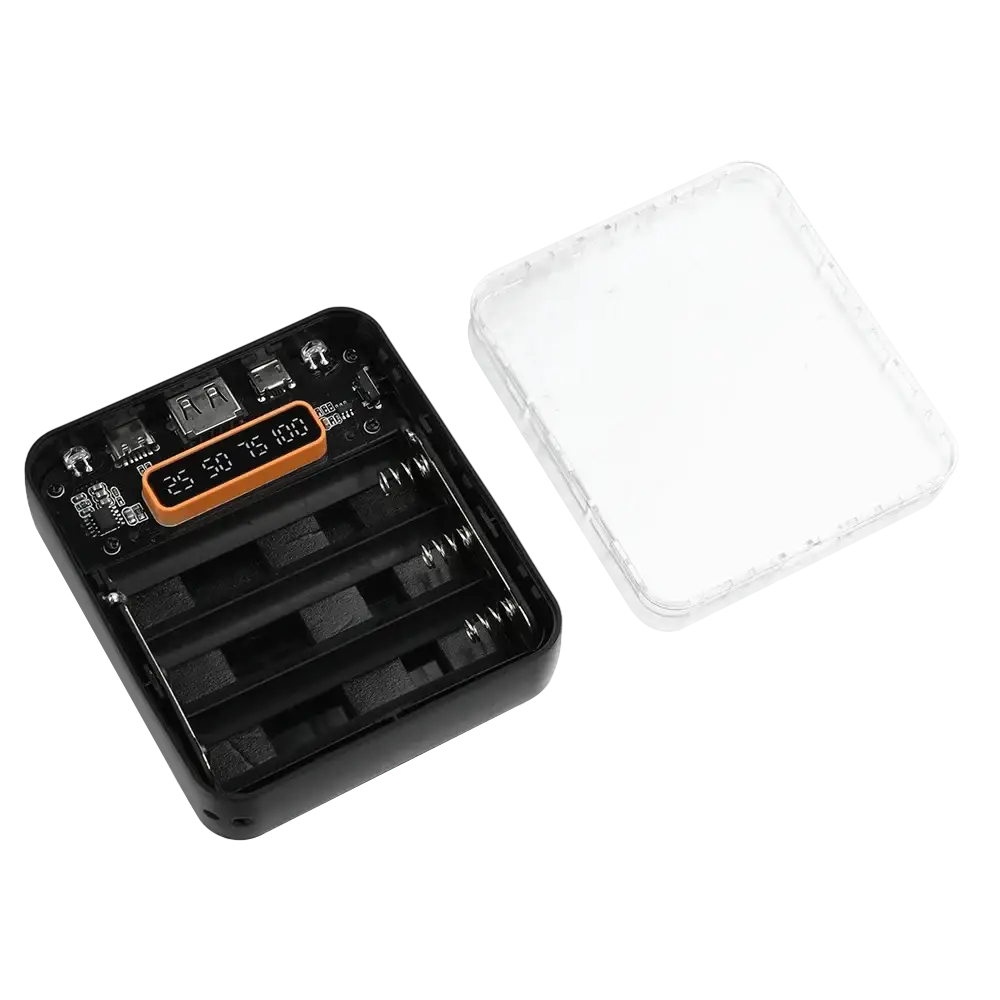 Black rectangular transparent 18650 battery power bank diy case with orange digital display for mobile phones circuit board