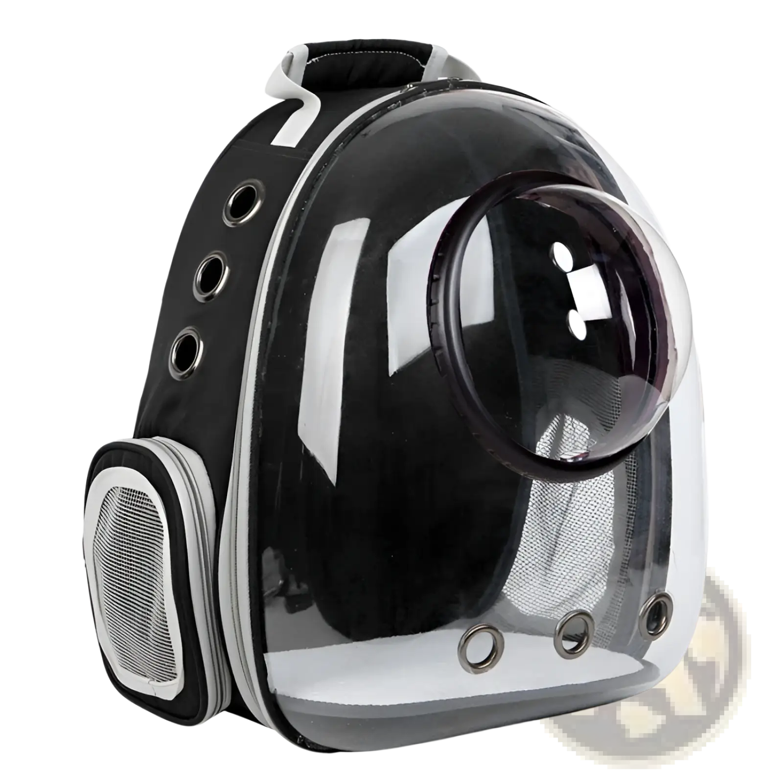 Transparent astronaut cat bubble backpack carrier with black and gray accents circular viewport and mesh ventilation panels